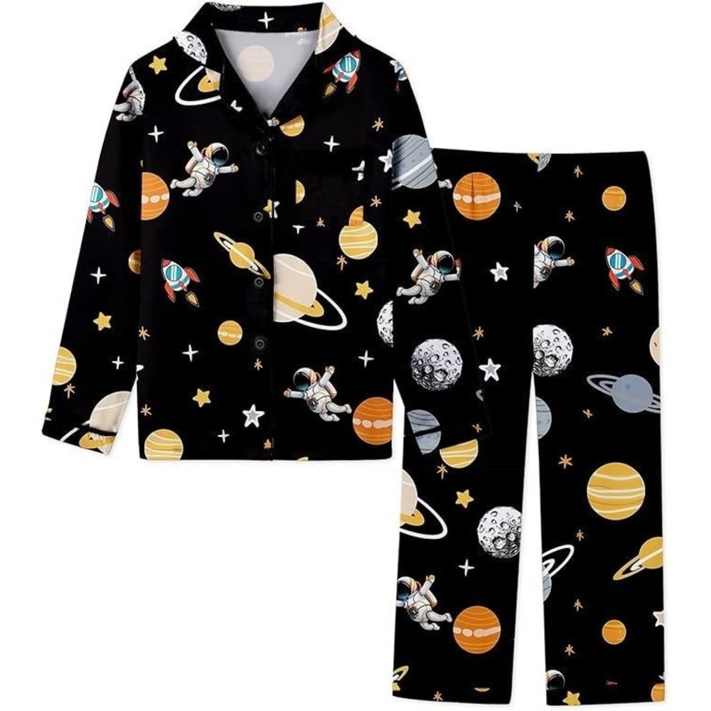 Umeyda Boy's Silky Satin Long Sleeve Pajamas Set - Black Space - 5/6 Years